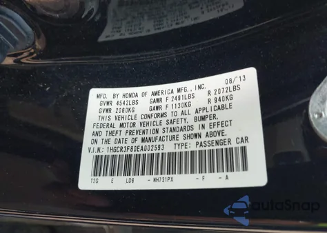 2014 Honda Accord Ex-L V-6 from USA, damaged, VIN 1HGCR3F80EA002593